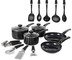 Morphy Richards Equip Frying Pan and Saucepan Set 5 Piece with 9 Piece Tool Set , Aluminium, Black