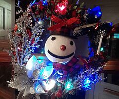 Snowman door wreath with lights