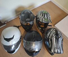 5 road legal helmets and three armoured jackets read description