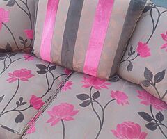 3 and 2 seater sofa in a tan and pink fabric LITERALLY IN NEW CONDITION - Image 9/10