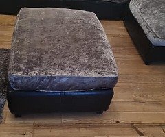 Crushed Velvet sofa with foot stool and swivel circle chair to match