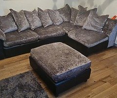 Crushed Velvet sofa with foot stool and swivel circle chair to match