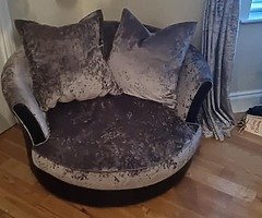 Crushed Velvet sofa with foot stool and swivel circle chair to match - Image 3/4