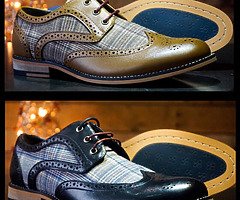 NEW TAN AND NAVY TWEED LEATHER BROGUES NOW £34.99 IN OUR MASSIVE JANUARY SALE. www.amenshoesuk.co.uk