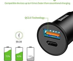 Baseus Car Charger, USB C Car Adaptor with PD3.0 5A 30W Quick Charge for iPhone X/XS/XR/XSMax, iPad