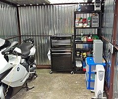 Motorcycle Garage / Steel Shed with Skylight, Electricity and Lights, Complete & Secure, Portabl